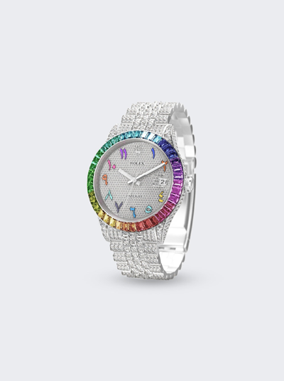 Private Label London Rolex Datejust 36mm In White Diamond Pave Dial With Rainbow Sapphire Bezel