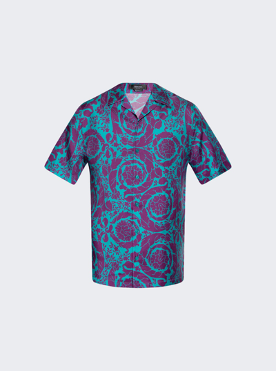 Versace Barocco Silhouette Silk Shirt In Teal And Plum
