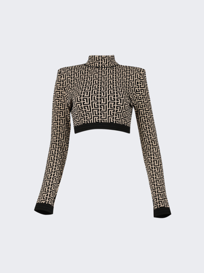 Balmain Monogram High Neck Cropped Pullover In Black