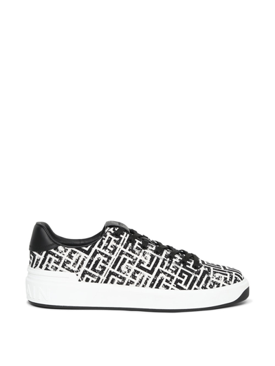 Balmain B Court Washed Monogram Sneaker In Black And White