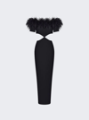Rasario Off-the-shoulder Cutout Feather-embellished Crepe Maxi Dress In Black