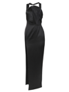 RASARIO DRAPED SATIN ASYMMETRIC CUT-OUT GOWN WITH RING