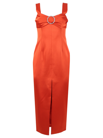 Rasario Buckled And Draped Satin Midi Dress In Orange