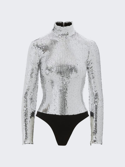 Brandon Maxwell Long Sleeve Sequin Bodysuit In Silver