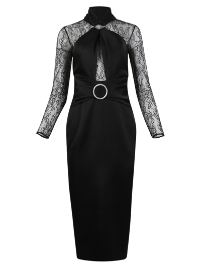 Rasario Draped Satin Lace Midi Dress With Buckle And Ring In Black