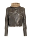 Delan Woman Jacket Khaki Size 8 Ovine Leather In Beige
