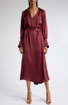 Ramy Brook Cecilia Belted Long Sleeve Satin Dress In Cabernet