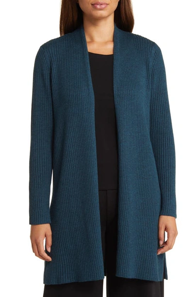Eileen Fisher Ribbed Open-front Merino Wool Cardigan In Blue