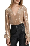 Bardot Verona Long Sleeve Sequin Bodysuit In Beige