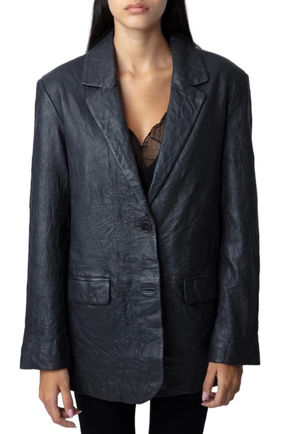 Zadig & Voltaire Venturi Crinkled Leather Blazer In Anthracite