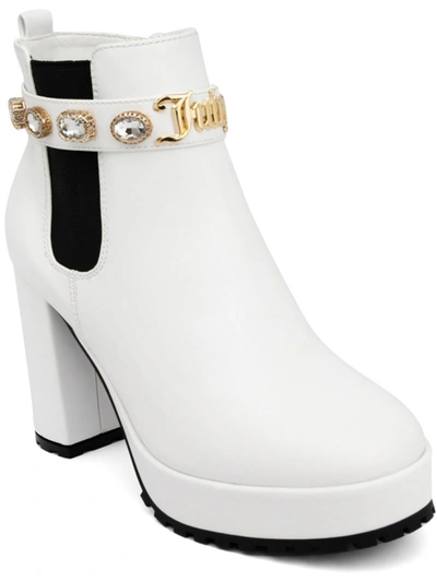 Juicy Couture Python Womens Faux Leather Embellished Chelsea Boots In White