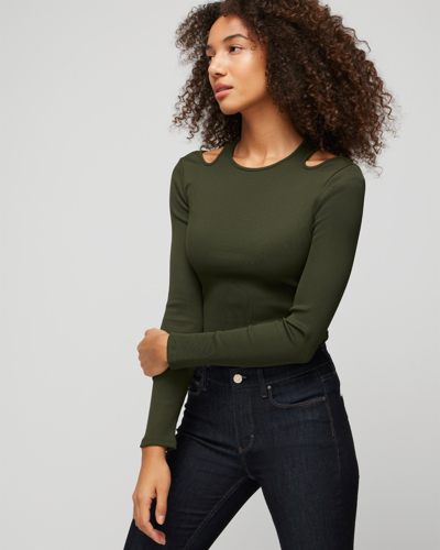 White House Black Market Long Sleeve Cutout Ribbed Top In Olive Green