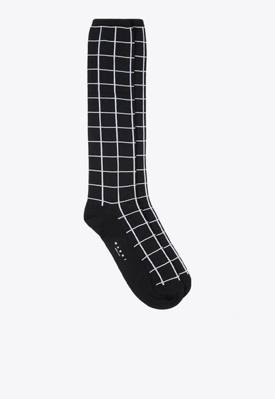 Marni Checked Logo Socks In Black