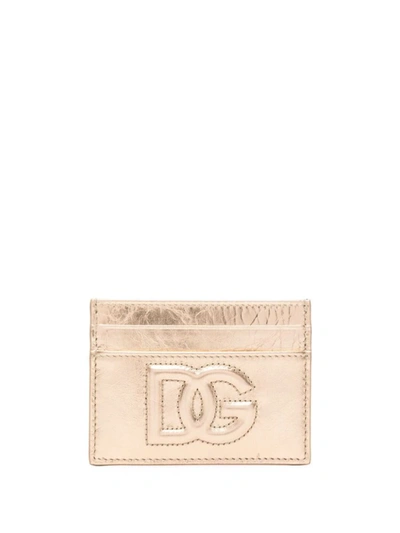 Dolce & Gabbana Logo Leather Credit Card Case In Golden