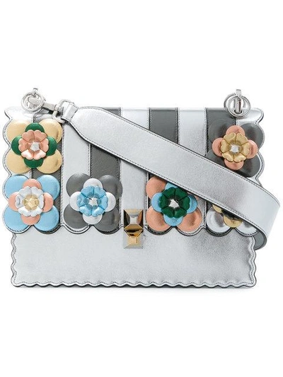 Fendi Kan I Floral-detail Metallic Leather Shoulder Bag In Silver