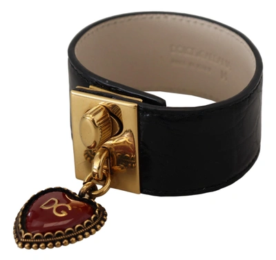 Dolce & Gabbana Black Dauphine Leather Dg Heart Key Ring Bracelet In Gold Black