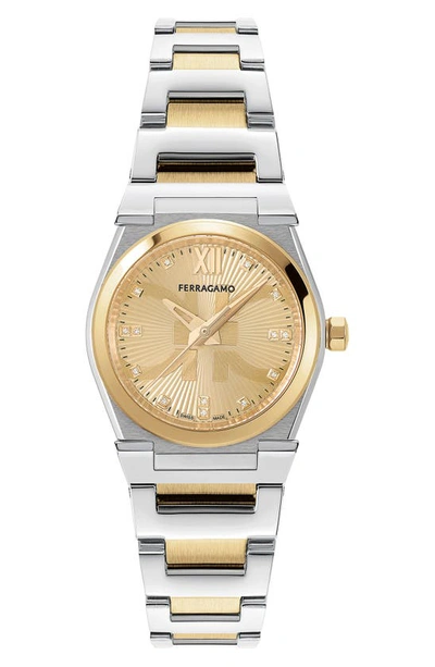 Ferragamo Vega Holiday Capsule Diamond Bracelet Watch, 28mm In Two Tone Gold