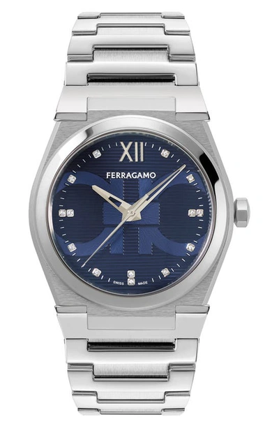 Ferragamo Men's Vega Holiday Capsule Swiss Diamond (0.06 Ct. T.w.) Silver-tone Stainless Steel Bracelet Watch In Steel/blue