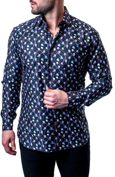 Maceoo Fibonacci Laser Skull Black Contemporary Fit Button-up Shirt
