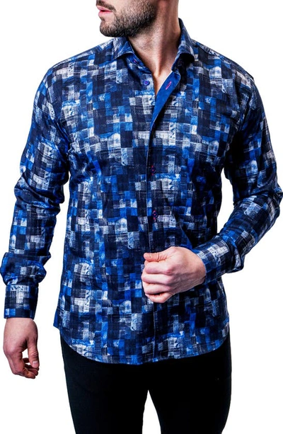 Maceoo Einstein Blurred Gingham Blue Contemporary Fit Button-up Shirt
