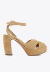 Miu Miu Suede Crisscross Platform Sandals In Beige