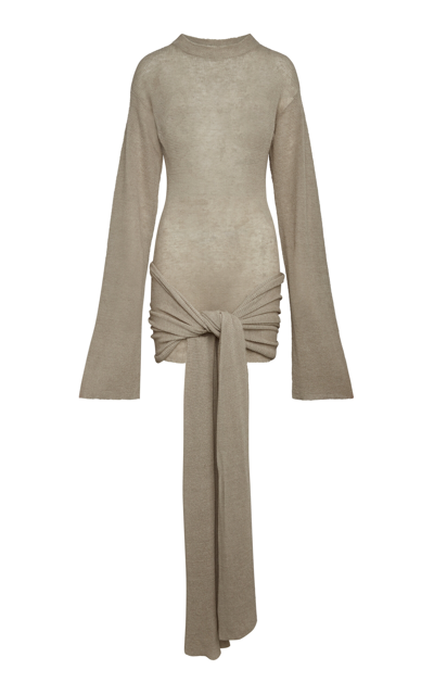 Aya Muse Nitoba Tie-detailed Knit Linen-blend Mini Dress In Grey
