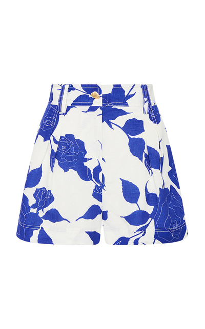 Aje Belonging Printed Linen-blend Shorts In Blue