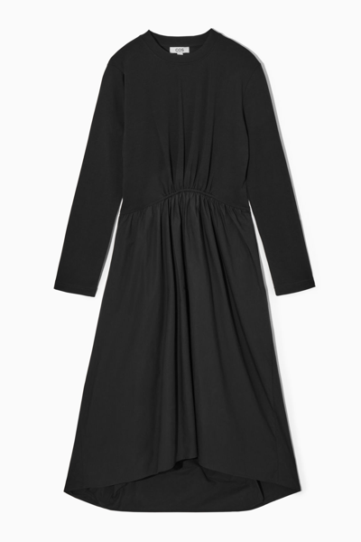 Cos Asymmetric Gathered-waist Midi Dress In Black