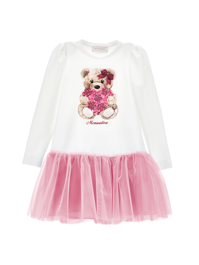 Monnalisa Kids' Bear Print Cotton Jersey & Tulle Dress In Cream + Pink