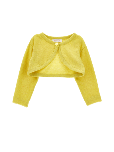 Monnalisa Kids'   Merino Lurex Wraparound Cardigan In Wax Yellow + Gold
