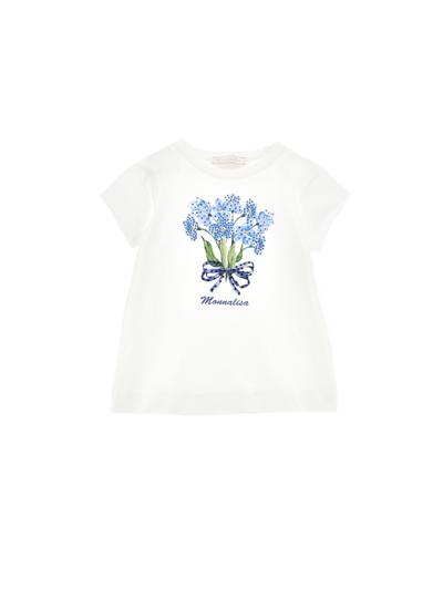 Monnalisa Babies'   Bouquet Print T-shirt In Cream + Light Blue