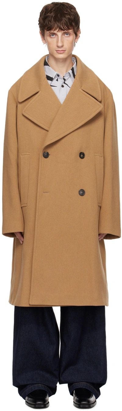 Dries Van Noten Men's Raven Wool Double-breasted Coat In Beige