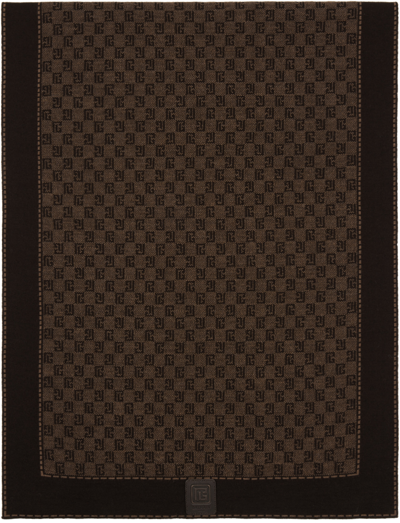 Balmain Monogrammed Fine Knit Scarf In Brown