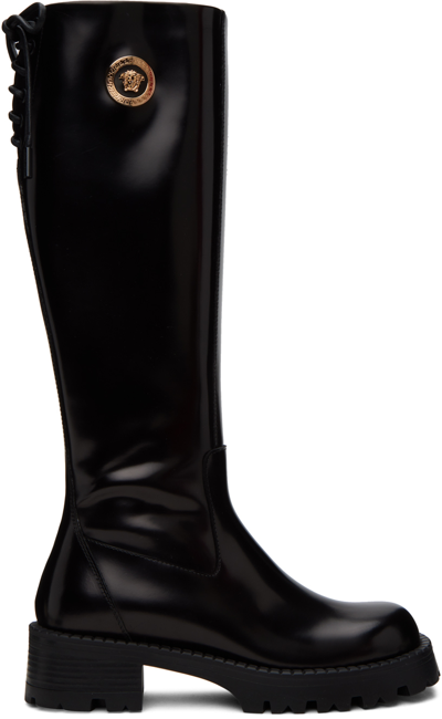 Versace Black Knee-high Boots In Black- Gold