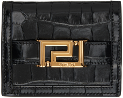 Versace Greca Goddess Leather Card Case In Black/ Gold