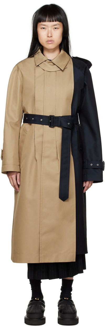 Sacai Colour-block Cotton-blend Gabardine Trench Coat In Brown