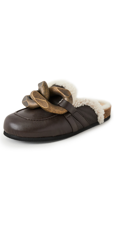 Jw Anderson Chain Loafer Shearling Mules In Brown
