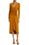 Veronica Beard Gilbert Ruched V-neck Midi Dress In Antique Gold