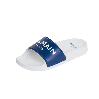 Balmain Kids' Logo-print Slides In White,blue