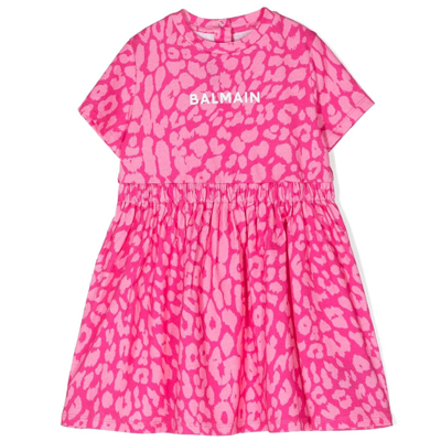 Balmain Kids' 豹纹棉连衣裙 In Pink