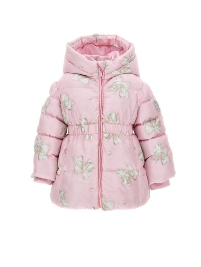 Monnalisa Long Nylon Down Jacket With Bow Print In Petal Pink