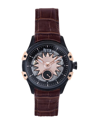 Reign Men Solstice Automatic Semi-skeleton Leather Strap Watch In Gold / Gold Tone / Rose / Rose Gold / Rose Gold Tone
