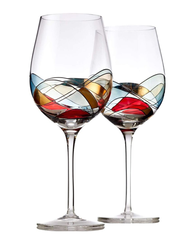 Alice Pazkus Set Of 2 Handpainted Red Wine Glasses