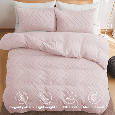 Puredown High Quality 3 Piece Wave Clipped Duvet Cover Set With Zipper Closure Pink