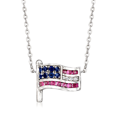 Ross-simons Sapphire And . Ruby American Flag Necklace With Diamond Accents In Sterling Silver. 18 Inches In Multi