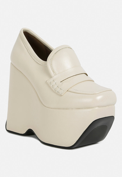 Rag & Co Gilliam Beige High Platform Wedge Loafers In Gold