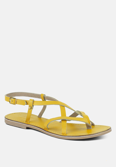 Rag & Co Rita Yellow Strappy Flat Leather Sandals In Yellow/orange