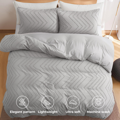 Puredown High Quality 3 Piece Wave Clipped Duvet Cover Set With Zipper Closure Light Grey