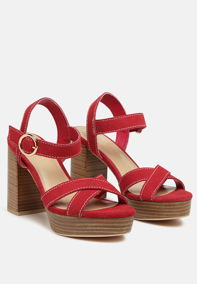 RAG & CO CHOUPETTE SUEDE LEATHER BLOCK HEELED SANDAL IN RED
