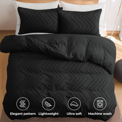 Puredown High Quality 3 Piece Wave Clipped Duvet Cover Set With Zipper Closure Black